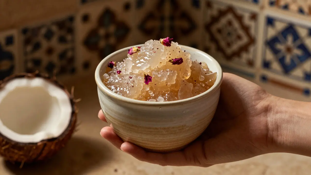 Hand holding a jar of natural body scrub with visible sugar, coconut oil, and rosewater ingredients.