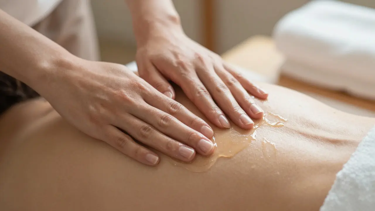 Hands applying massage oil to a forearm, with oil glistening under soft spa lighting.