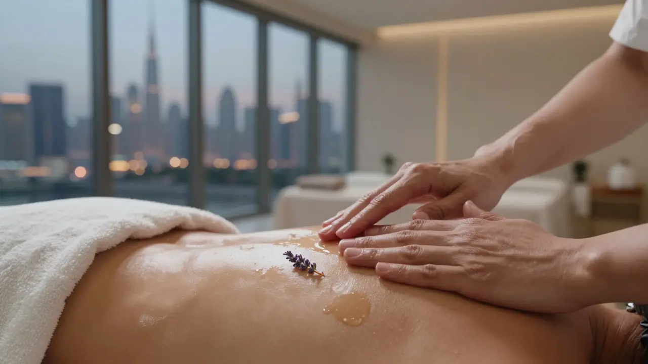 Hands applying massage oil to a shoulder with Dubai's skyline softly blurred in the background.