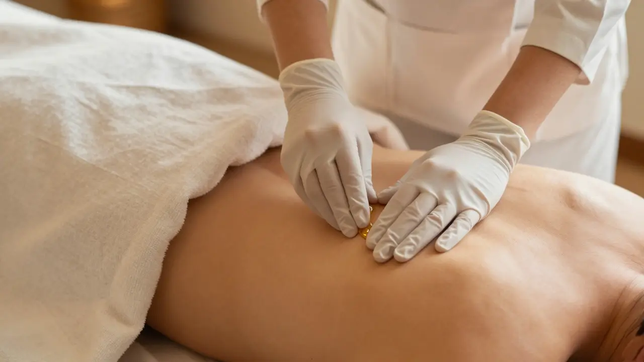 Hands applying oil to a draped shoulder, therapist wearing gloves and long-sleeved uniform, soft lighting, no skin exposed.