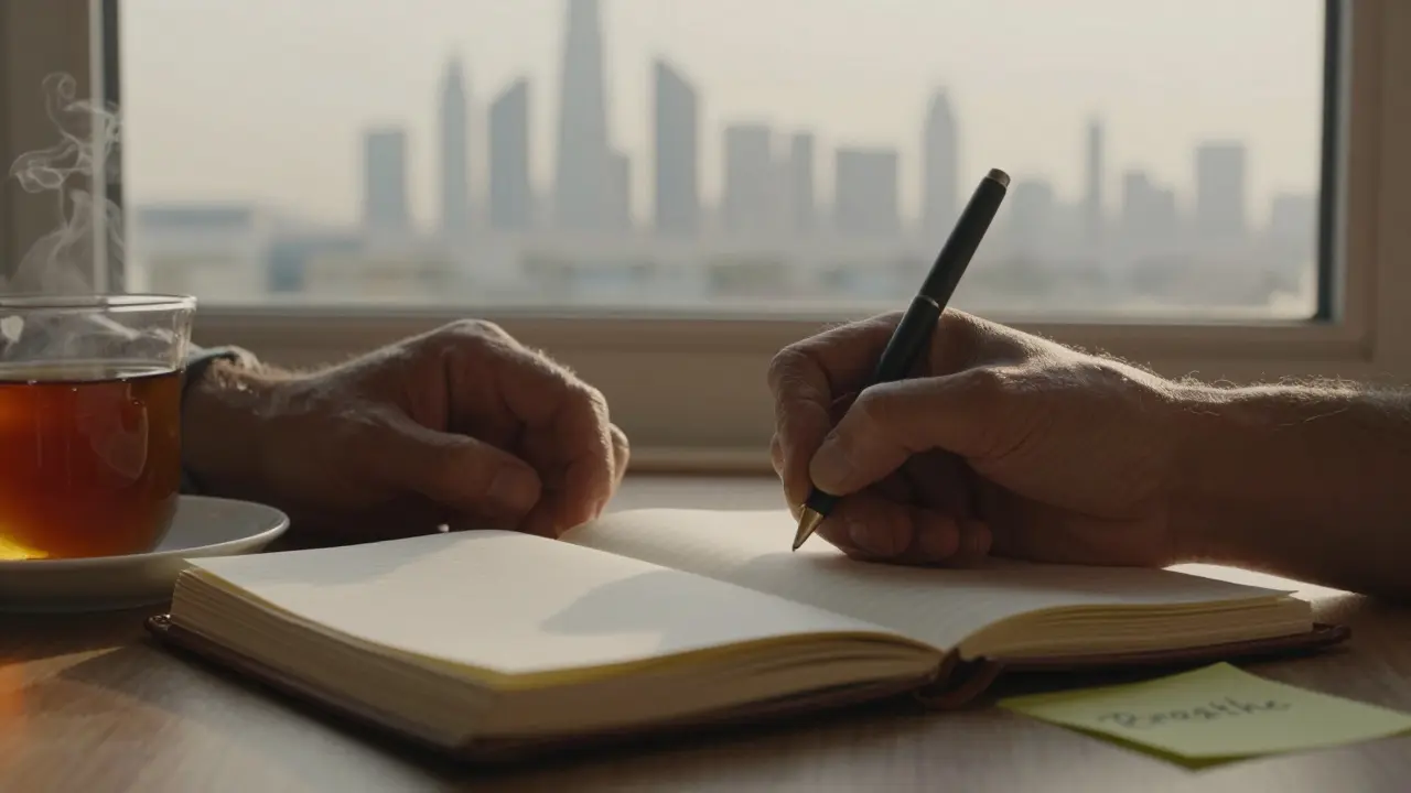 Hands writing in a journal with Dubai skyline visible through a window at dawn.