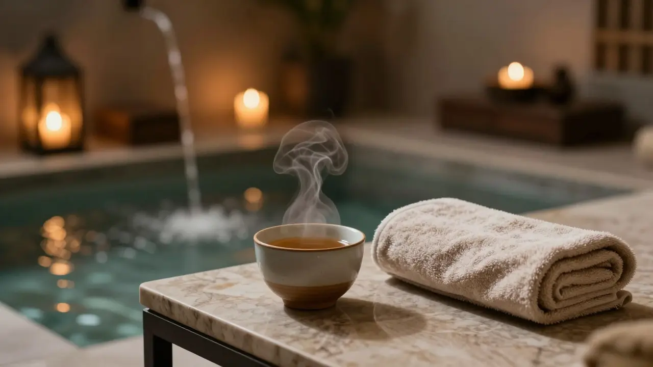 Herbal tea and a towel resting in a peaceful spa relaxation lounge.