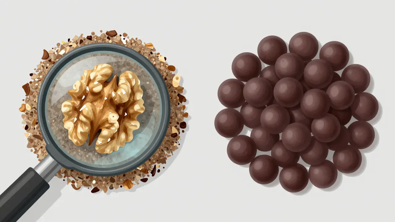 Jagged walnut shells compared to smooth jojoba beads under magnification.