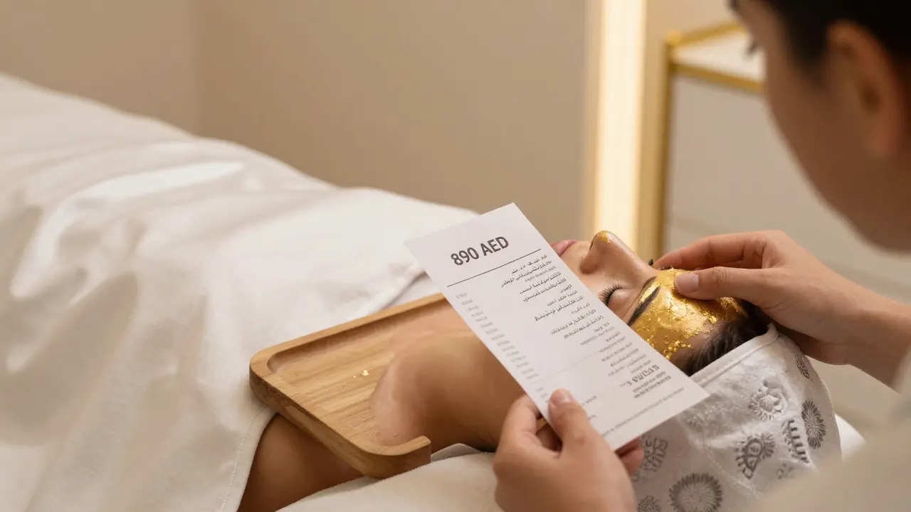 Luxury spa receipt showing 890 AED beside a guest receiving a facial.