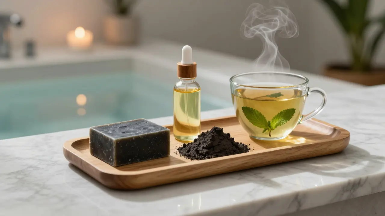 Natural hammam products and mint tea on a marble tray in a quiet space.