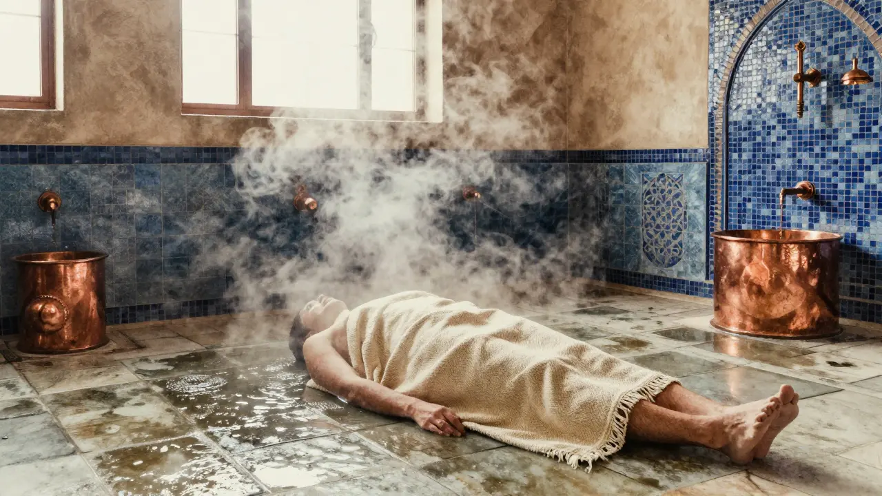 Person in woven wrap in Dubai hammam steam room with mosaic tiles and copper fixtures