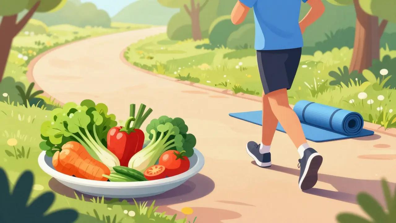 Person jogging with healthy meal and yoga mat nearby