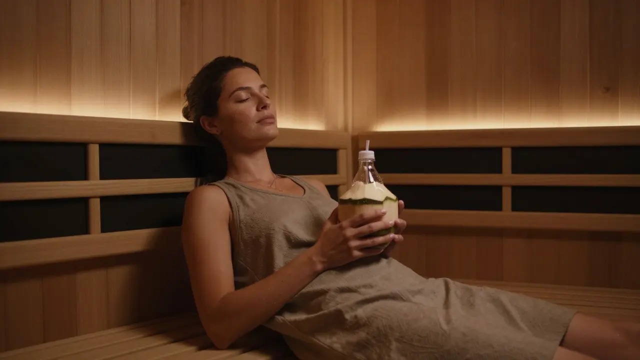 Person relaxing in an infrared sauna holding coconut water in Dubai.
