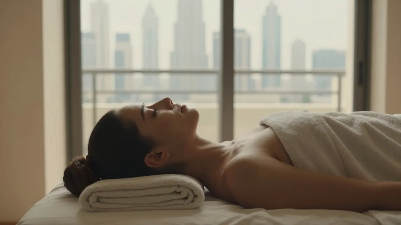 Person resting in spa with feet elevated, Dubai skyline visible, peaceful expression.