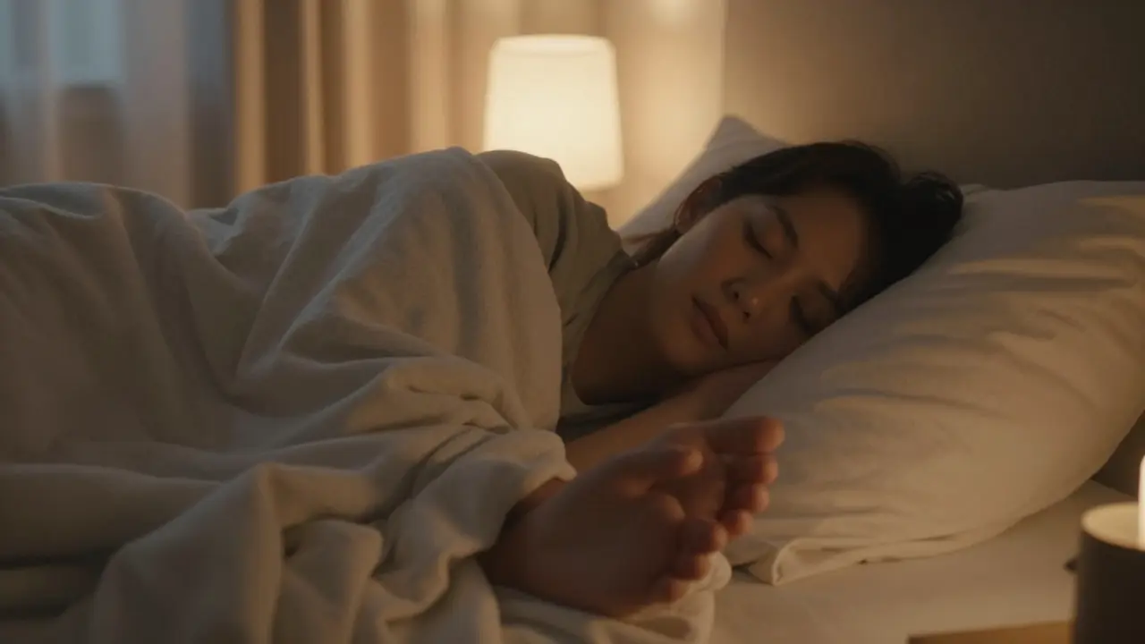 Person sleeping soundly with feet covered, warm ambient light, tranquil atmosphere.