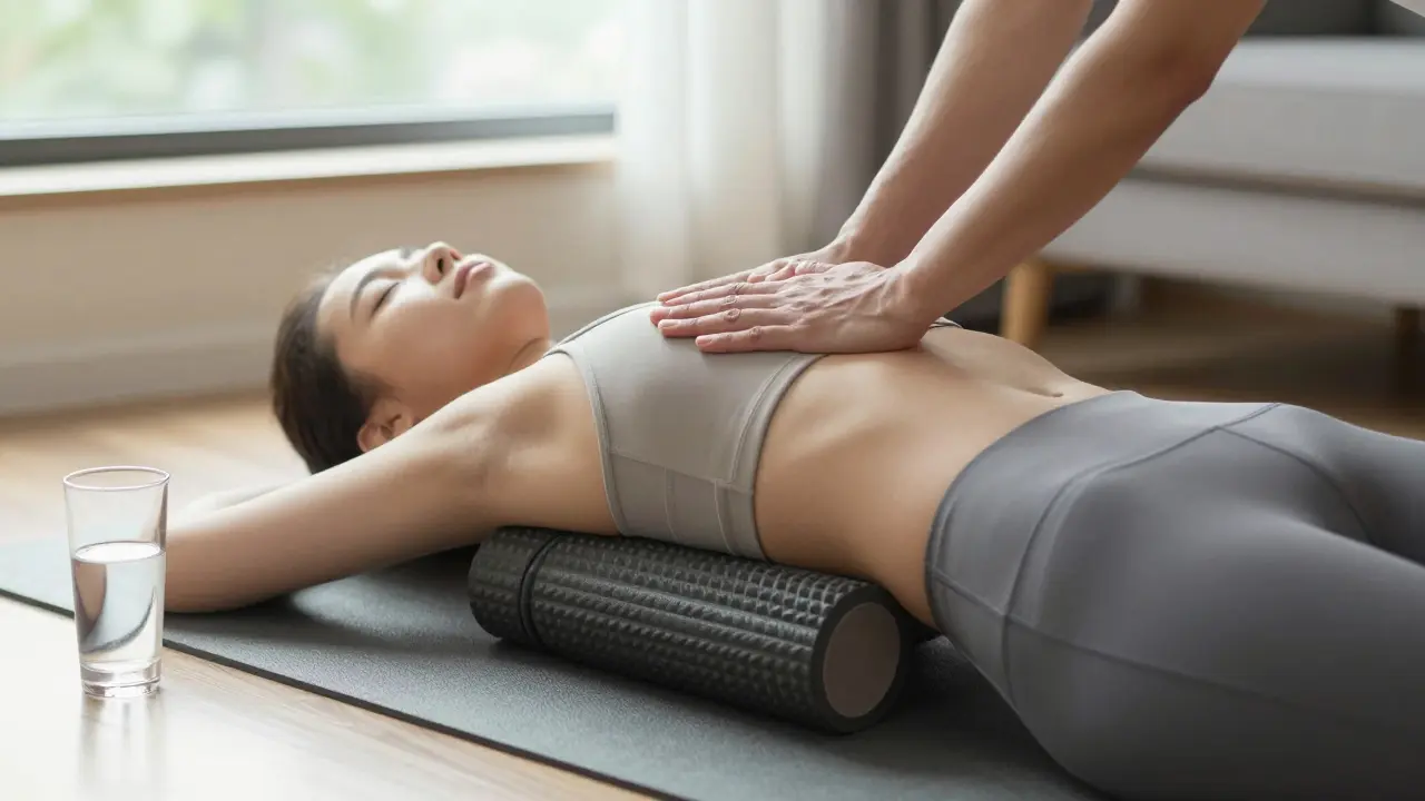 Person using a foam roller on their lower back at home after a massage, looking relaxed.