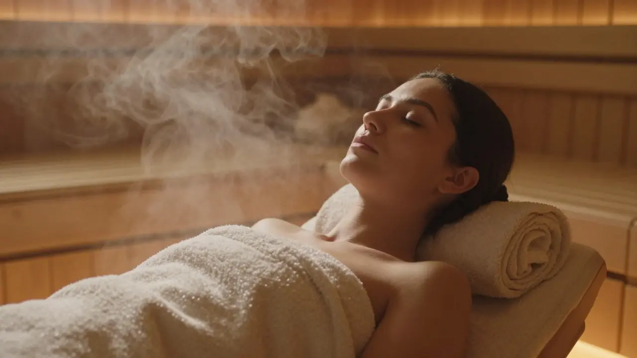 Relaxed person wrapped in towel after hammam session, warm steam background.