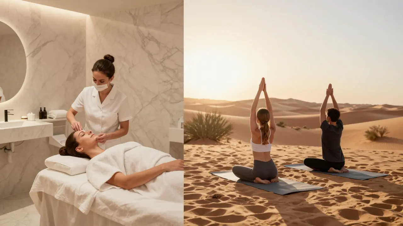 Side-by-side: a facial at a luxury hotel spa and a couple doing yoga at a desert wellness retreat.