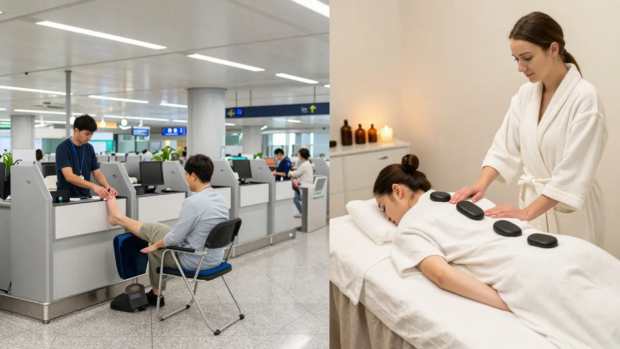Side-by-side comparison of a quick airport foot massage and a luxury spa foot therapy session.