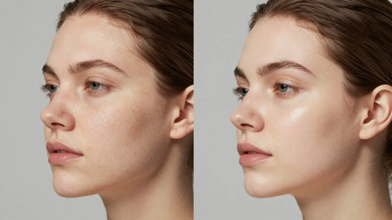 Side-by-side comparison of dull skin versus glowing, exfoliated skin.
