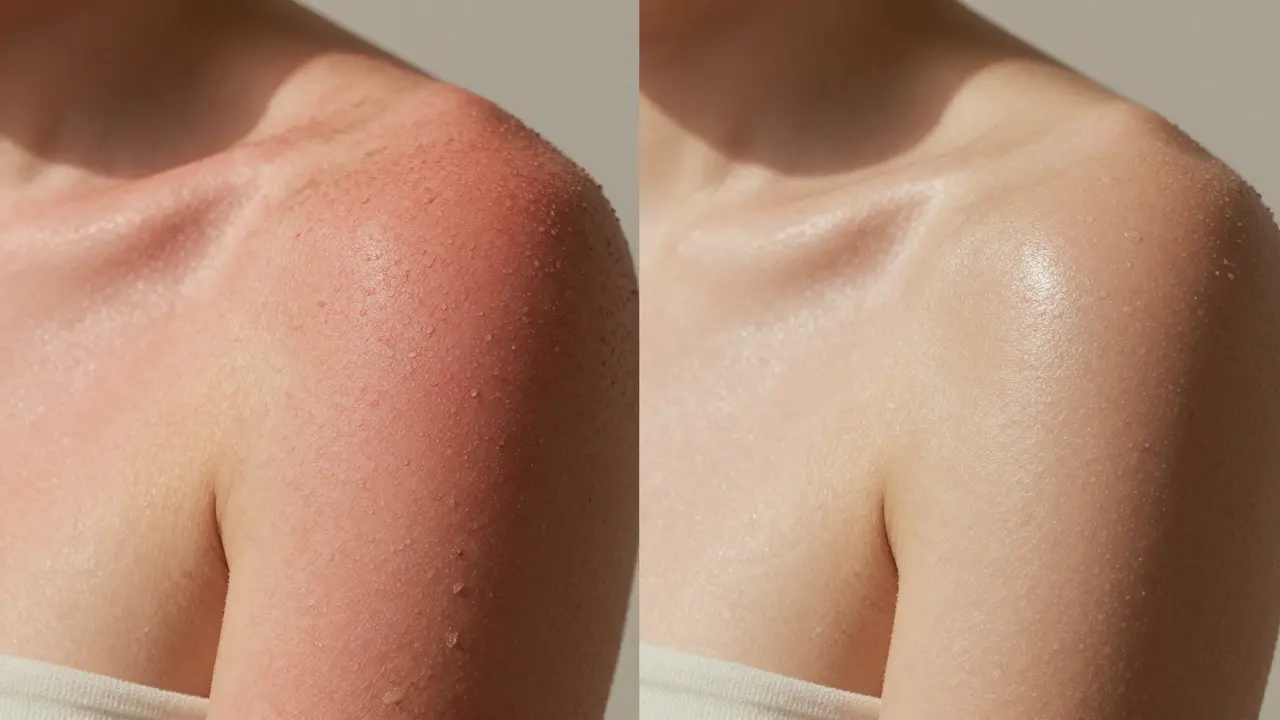 Side-by-side comparison of rough, sunburned skin versus smooth, glowing skin after exfoliation.