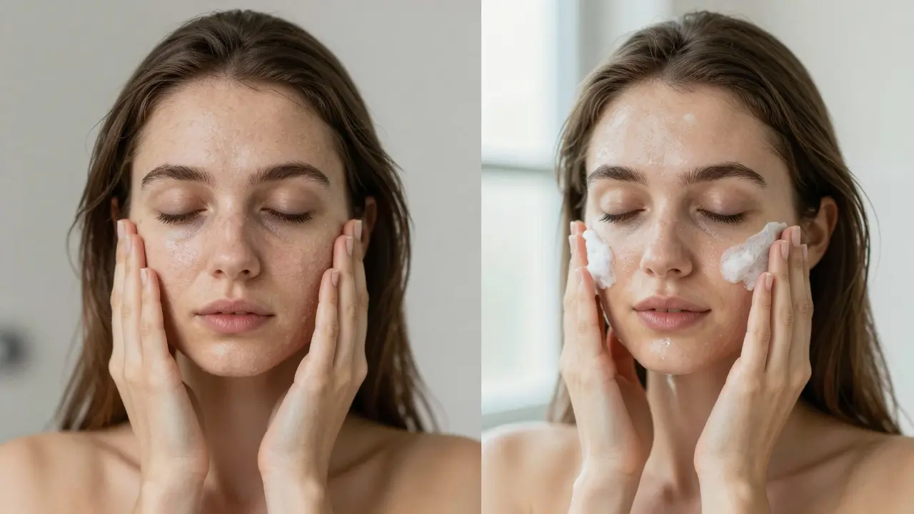 Side-by-side images showing dull, rough skin versus glowing, smooth skin after a proper wash-scrub-moisturize routine.