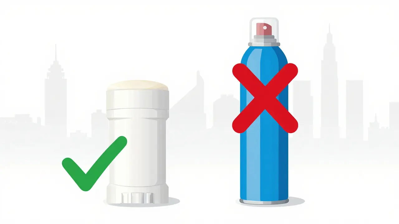 Solid deodorant stick approved beside a banned aerosol spray bottle with check and X marks.