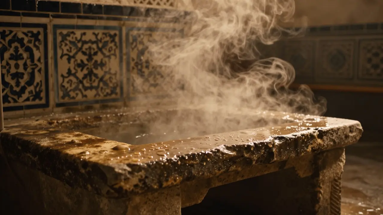 Steam rising from a stone bench in a traditional Middle Eastern hammam with tiled walls.