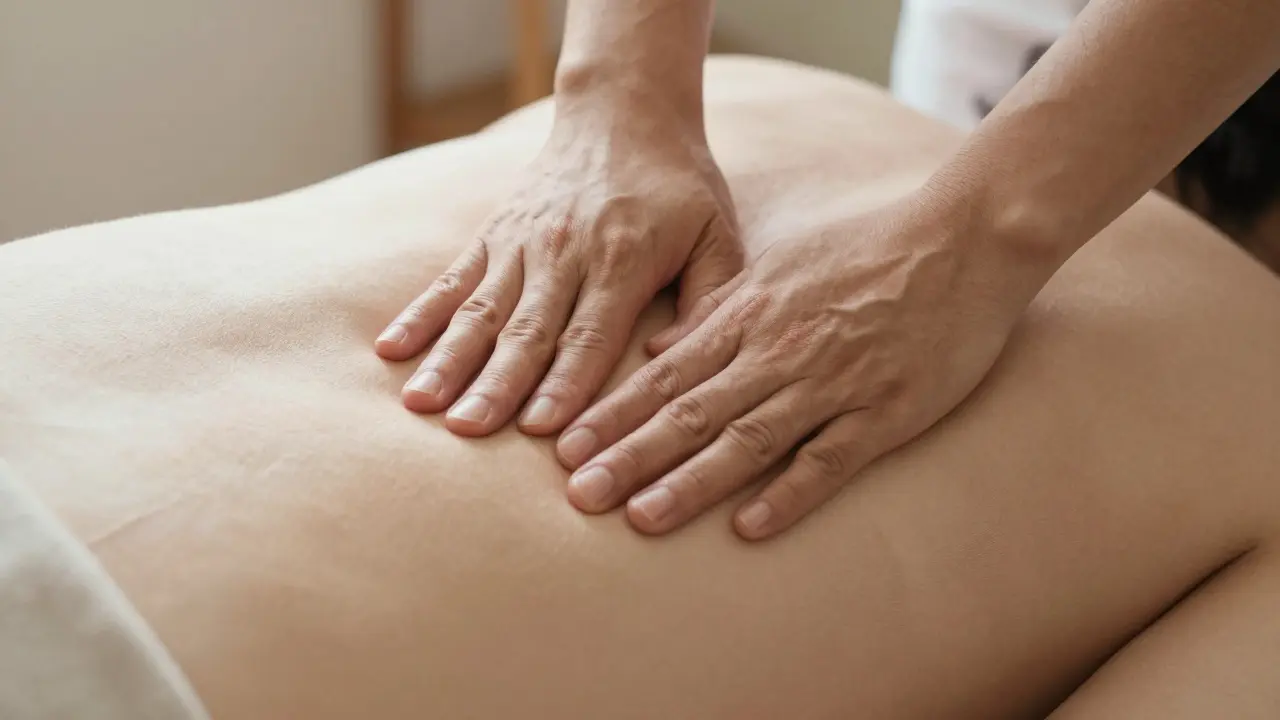 Therapist's hands applying pressure along a client's back through cotton fabric during Thai massage