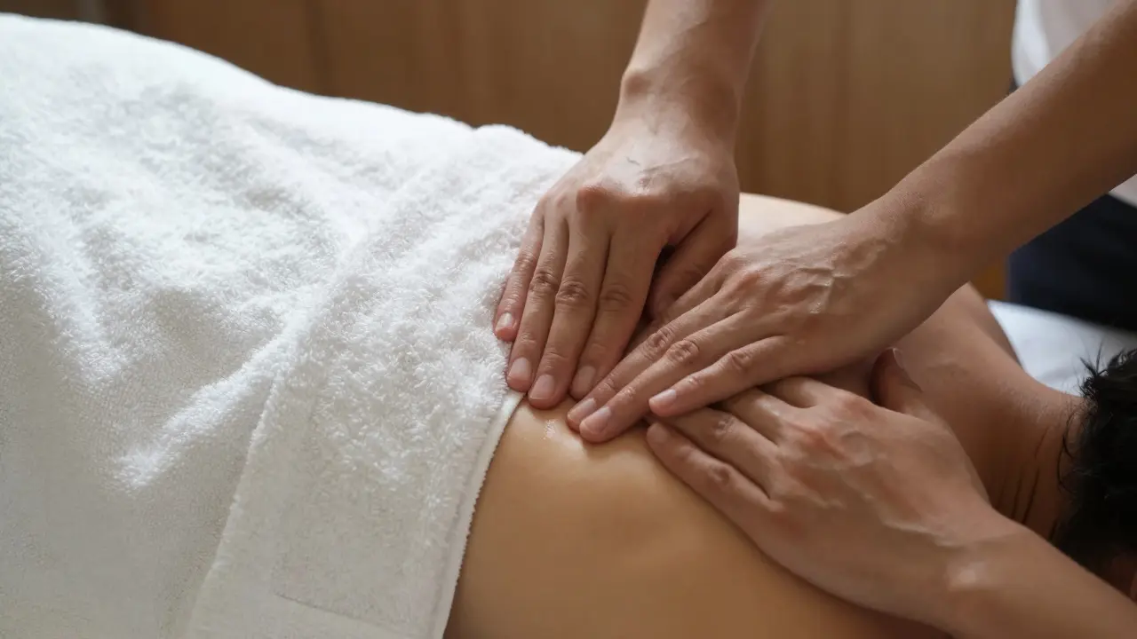 Therapist's hands massaging a shoulder with towel draping for full coverage.