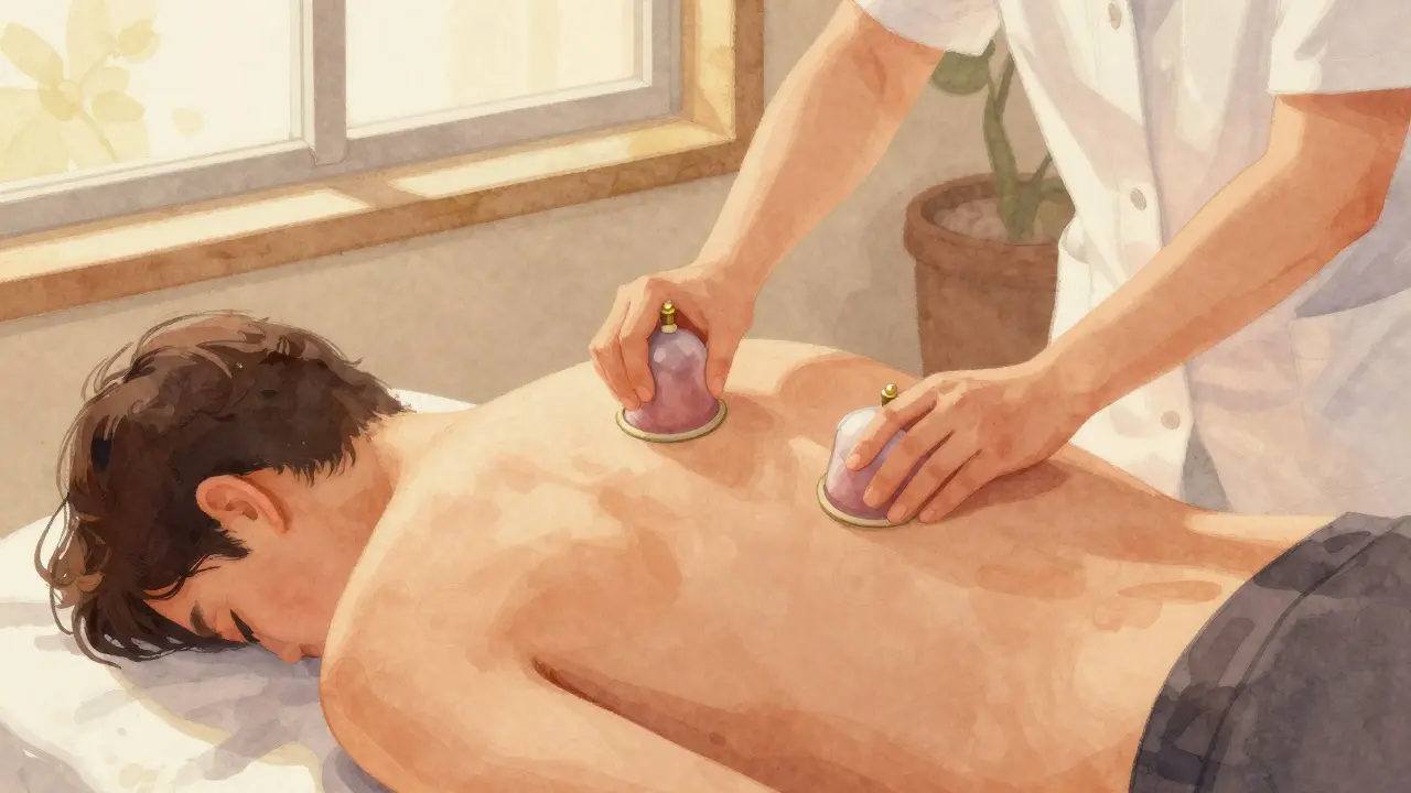 Therapist applying cups to upper back for pain relief