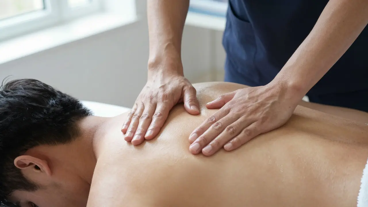 Therapist applying deep tissue massage to a man's upper back with focused hands.
