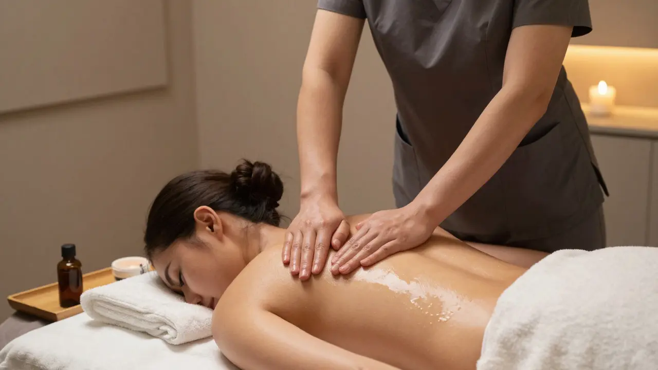 Therapist applying long strokes with warm oil on a client's back in a serene spa.