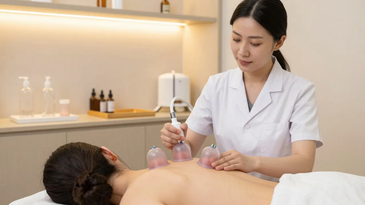Therapist using a hand pump to apply silicone cupping cups on a client's shoulder