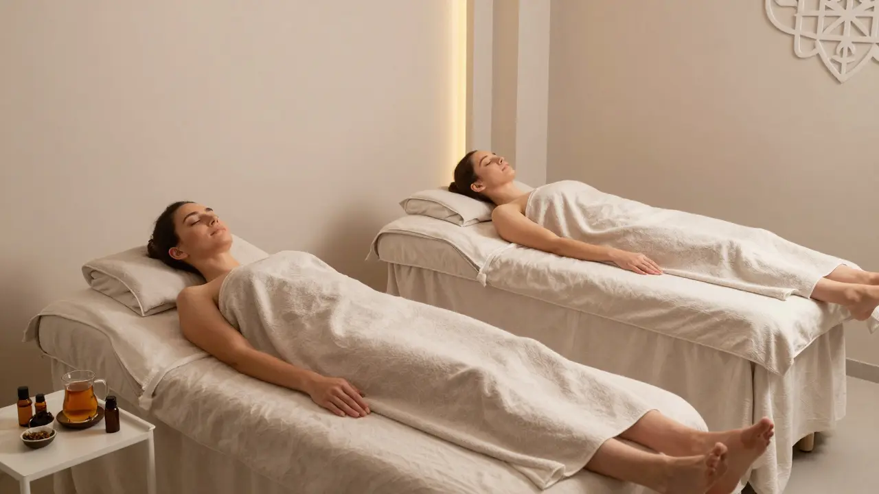 Two clients relax on side-by-side massage beds in a quiet, elegant spa lounge with herbal tea nearby.
