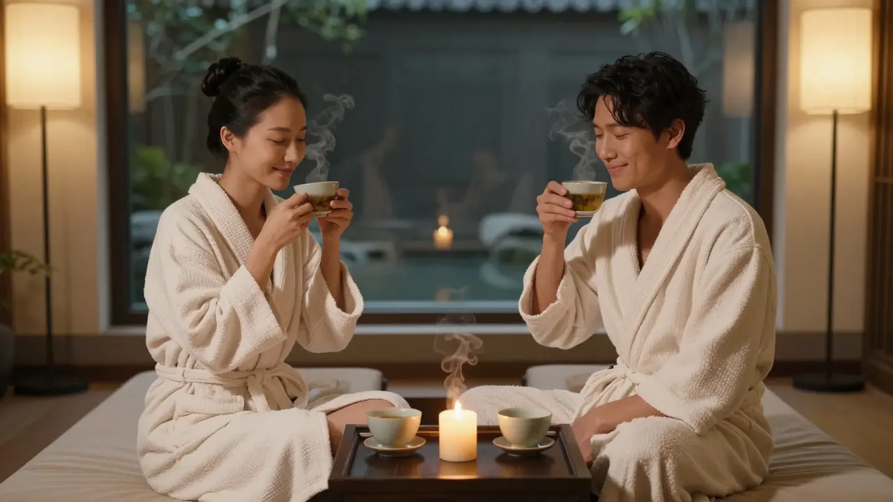 Two people in robes sipping tea together in peaceful post-massage stillness.