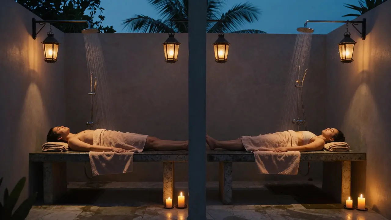 Two people lying side by side on Vichy shower tables in a dimly lit, tranquil spa room, surrounded by soft light and towels.