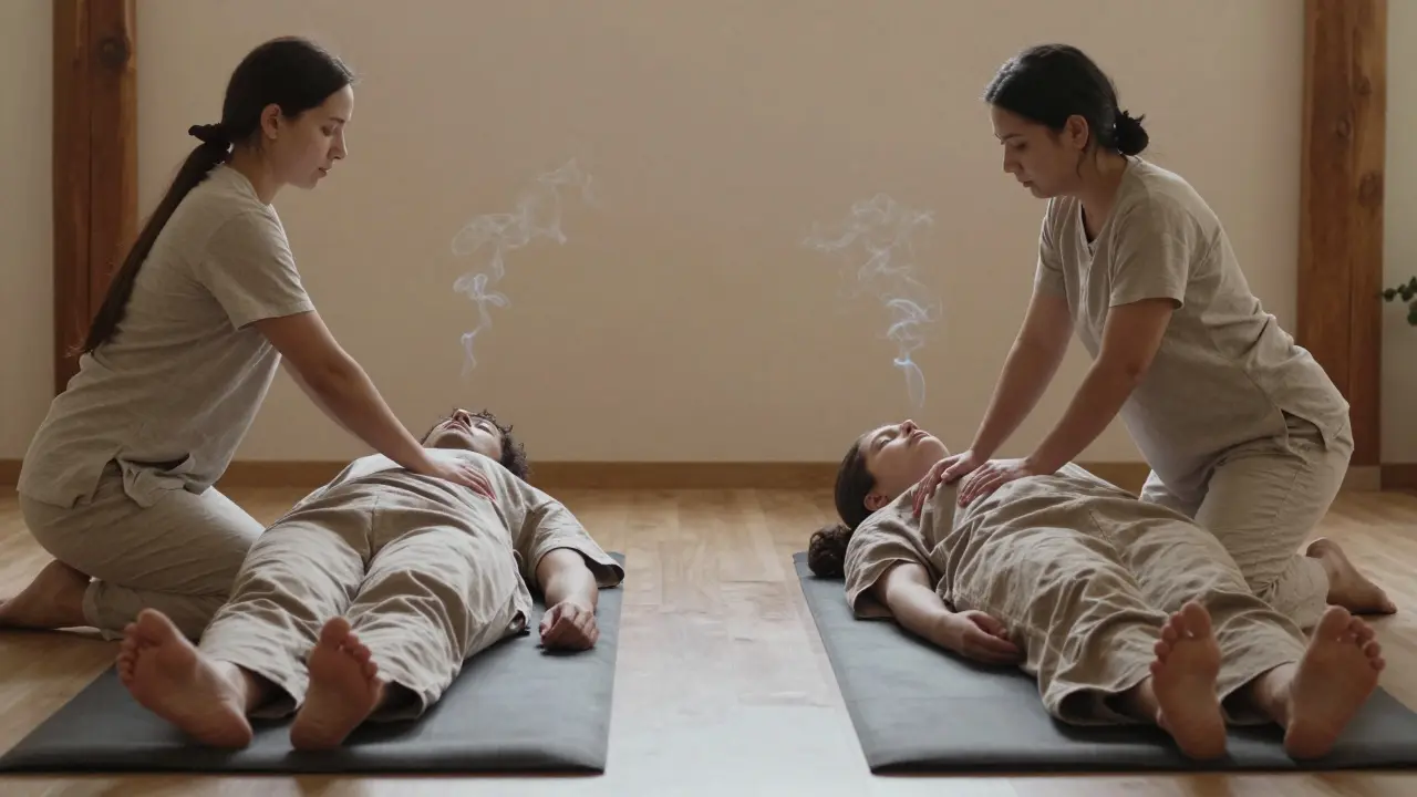 Two people receiving side-by-side Thai massages in matching cotton outfits in a calm, dimly lit wellness space.
