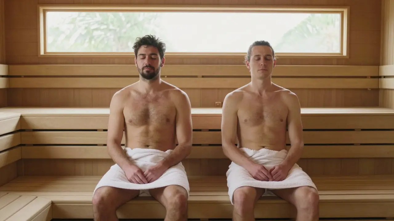 Two people sitting calmly in a mixed-gender sauna, each covered by a towel, in peaceful silence.