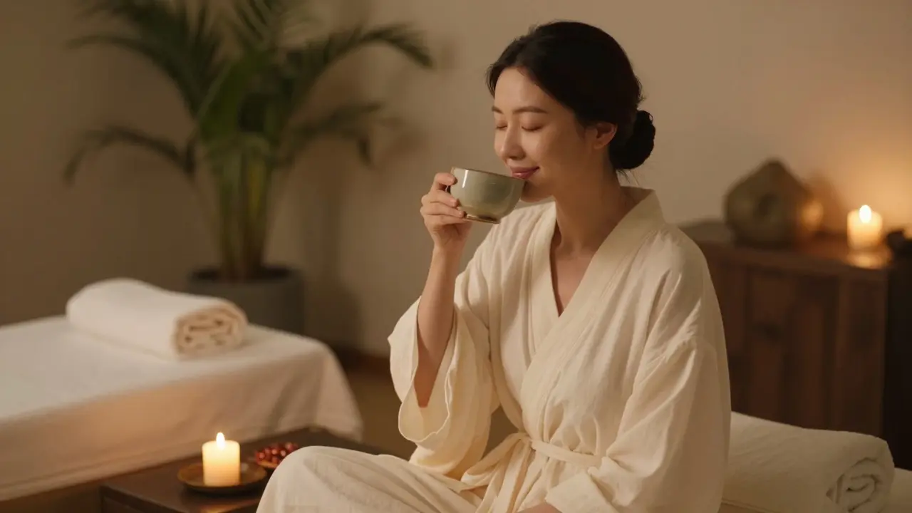 Woman relaxing in spa lounge, sipping tea with eyes closed