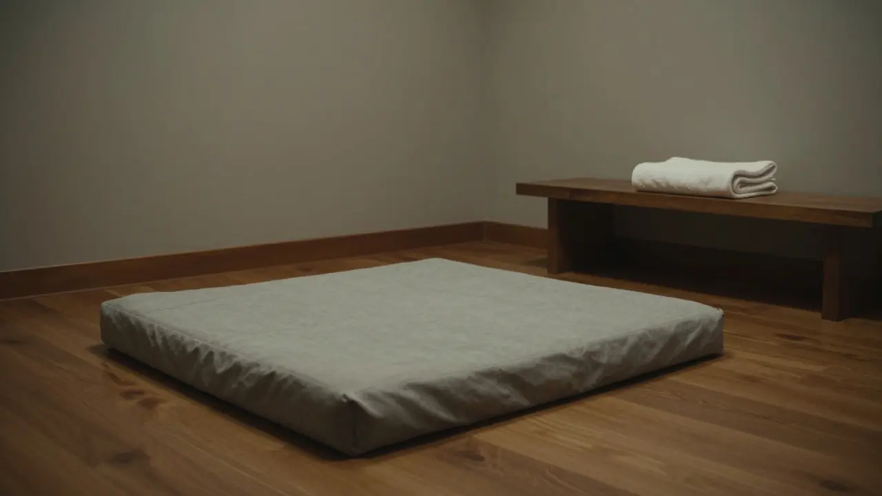 A calm, minimalist Thai massage room in Dubai with wooden floor, mat, and folded towel.