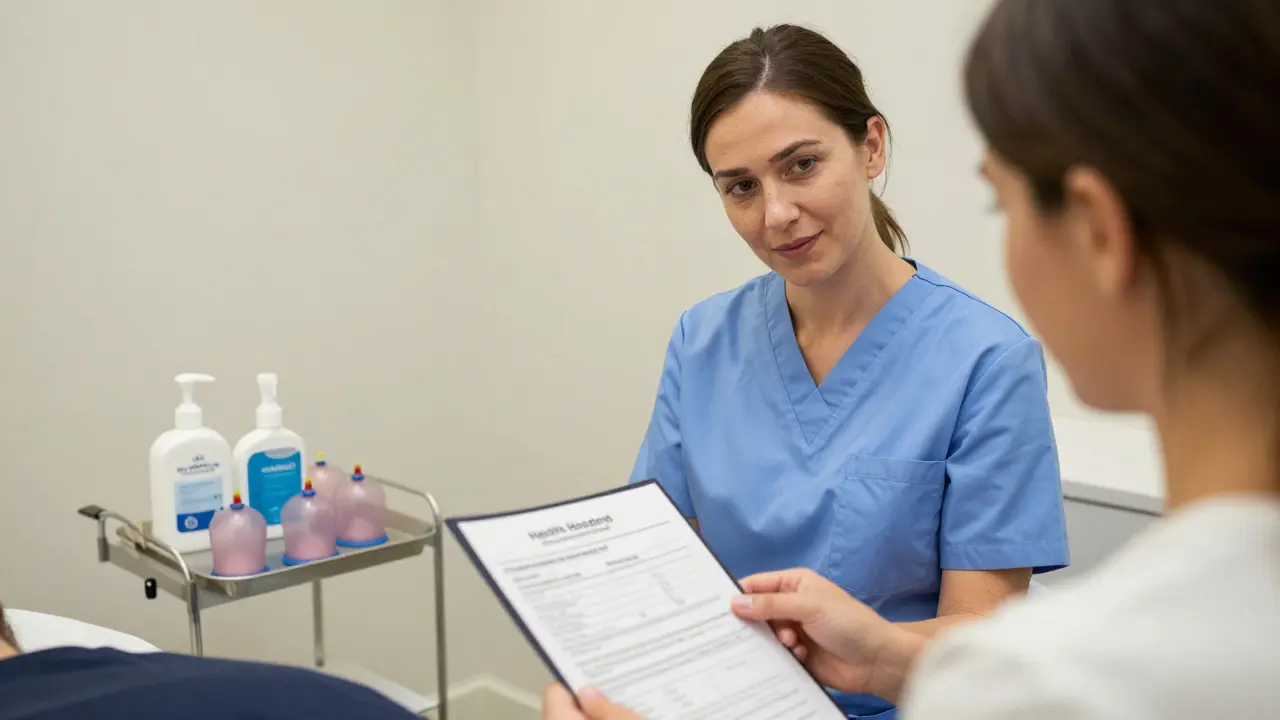 A certified therapist reviewing a client's health history form in a clean, professional Dubai clinic.