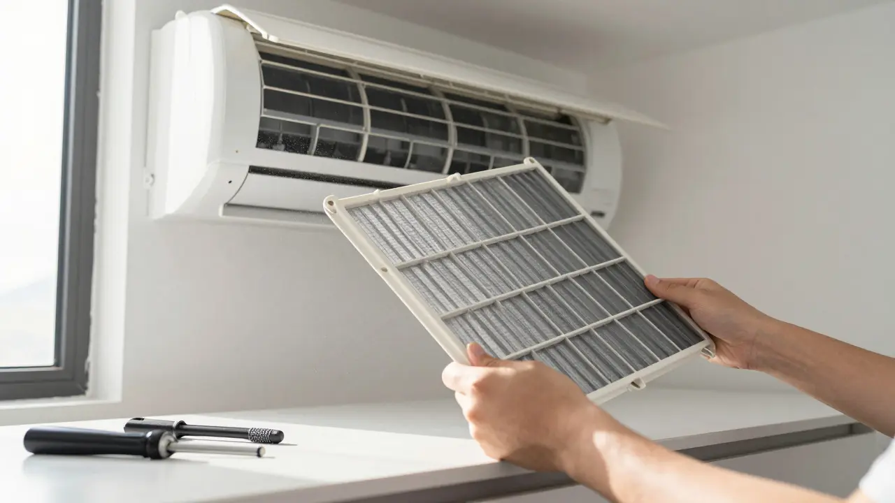 A clean air conditioning filter being replaced in a home unit.