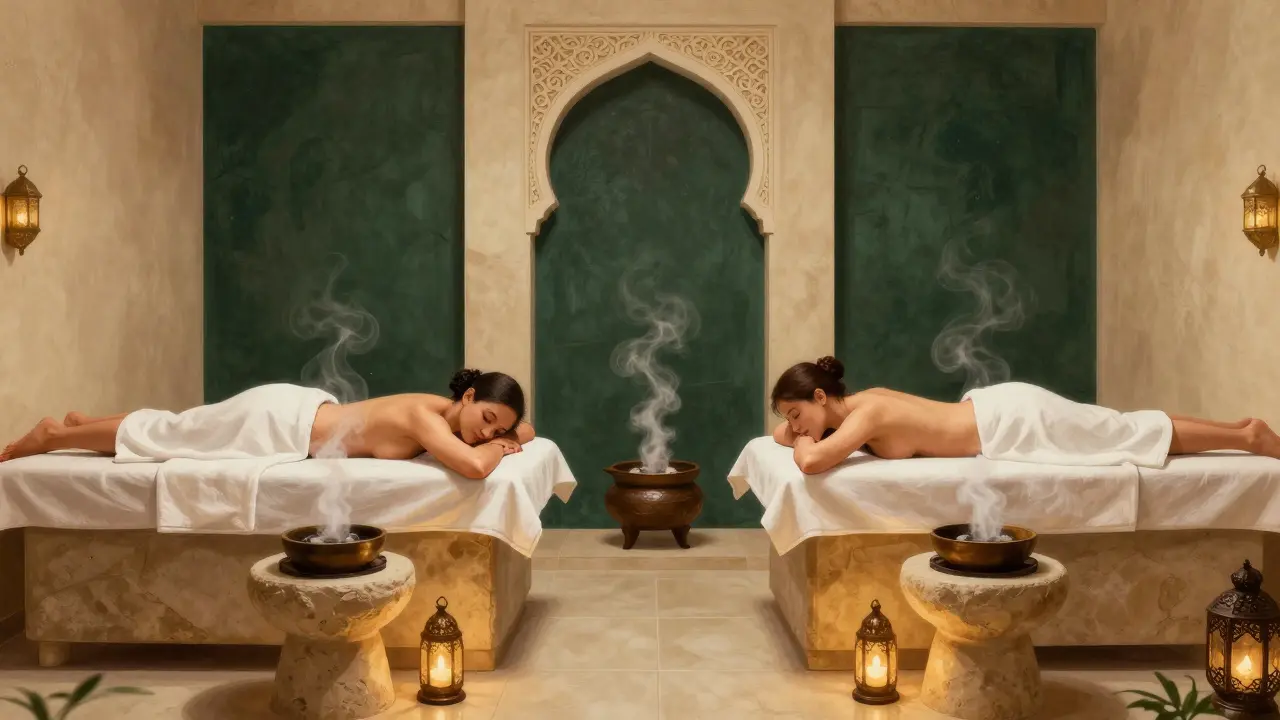 A couple receiving side-by-side massages in a private spa suite with aromatic steam and ambient lighting.