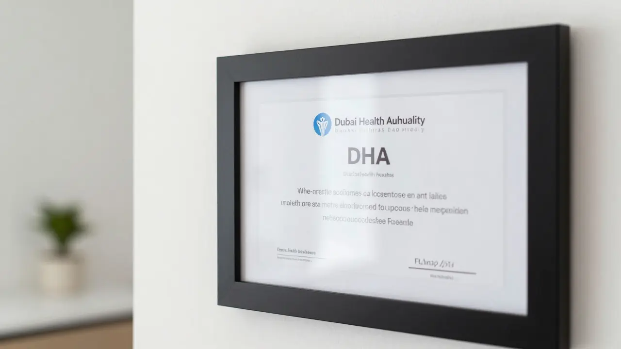 A DHA-licensed spa certificate displayed on a wall with official logo visible.