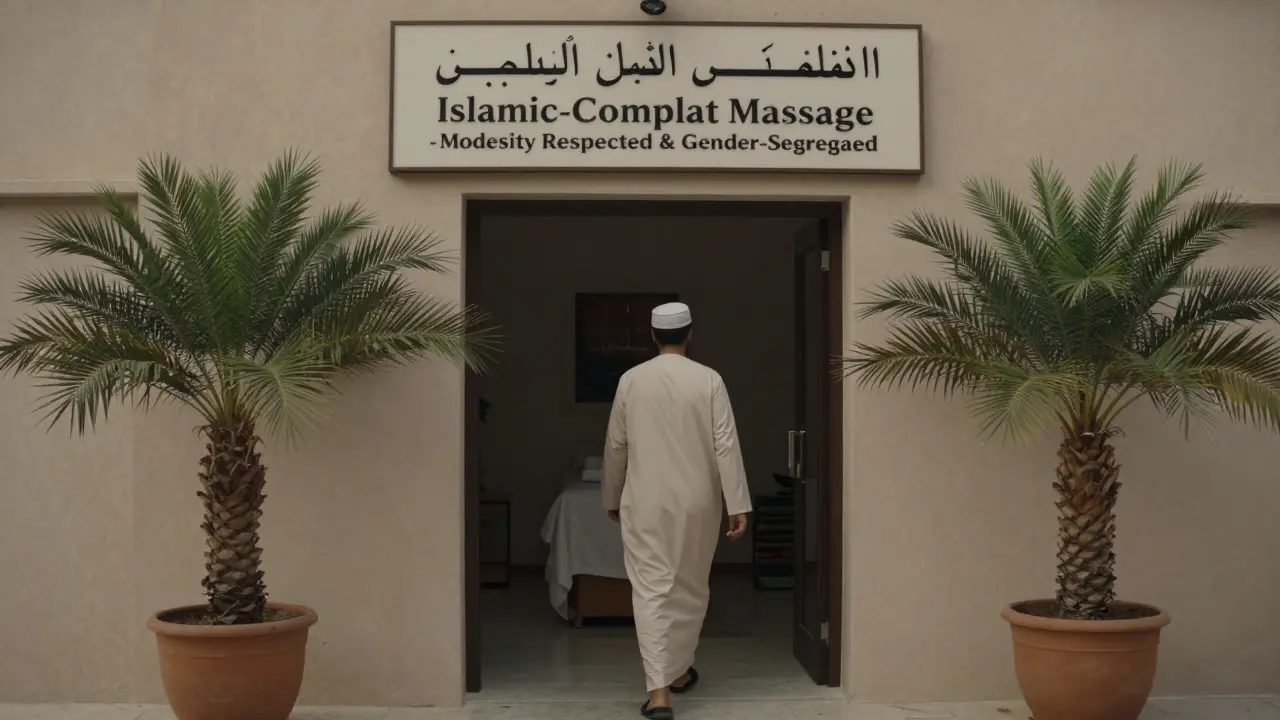 A Dubai wellness center with a sign announcing Islamic-compliant massage, featuring a modest entrance and quiet, respectful ambiance.