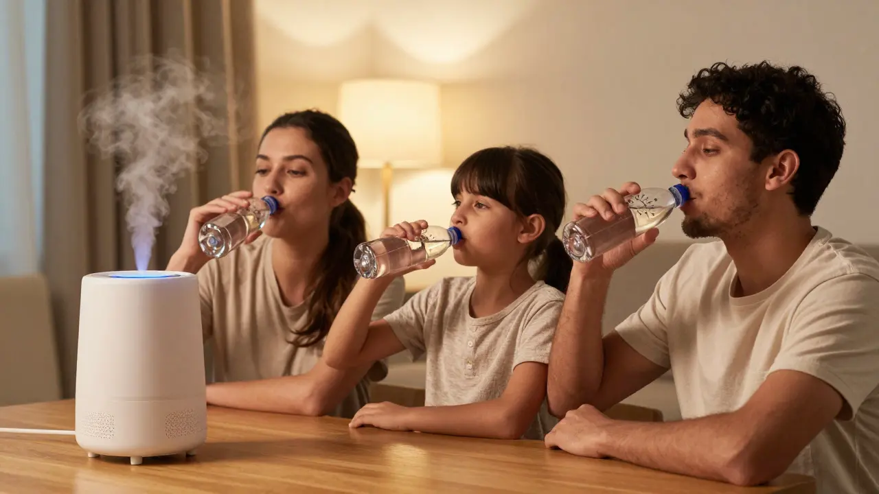 A family drinking water together at home with a humidifier in the background.