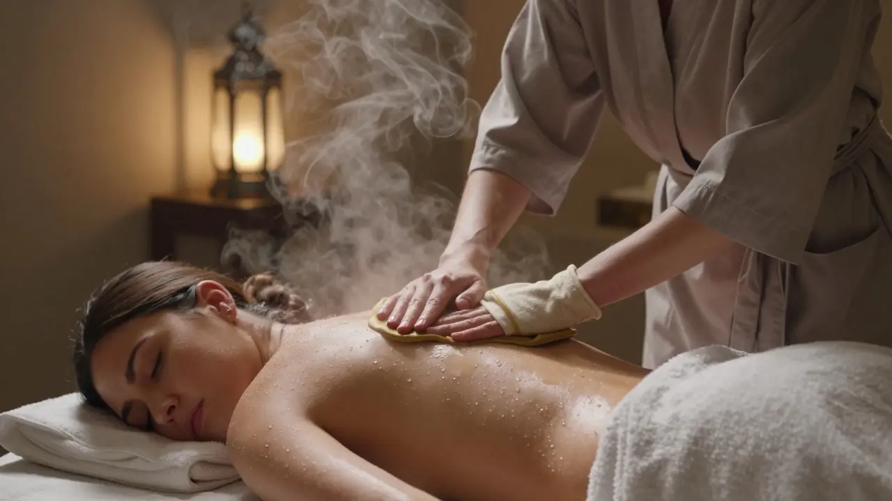 A female attendant gently scrubbing a woman's back in a private hammam room with steam in the air.
