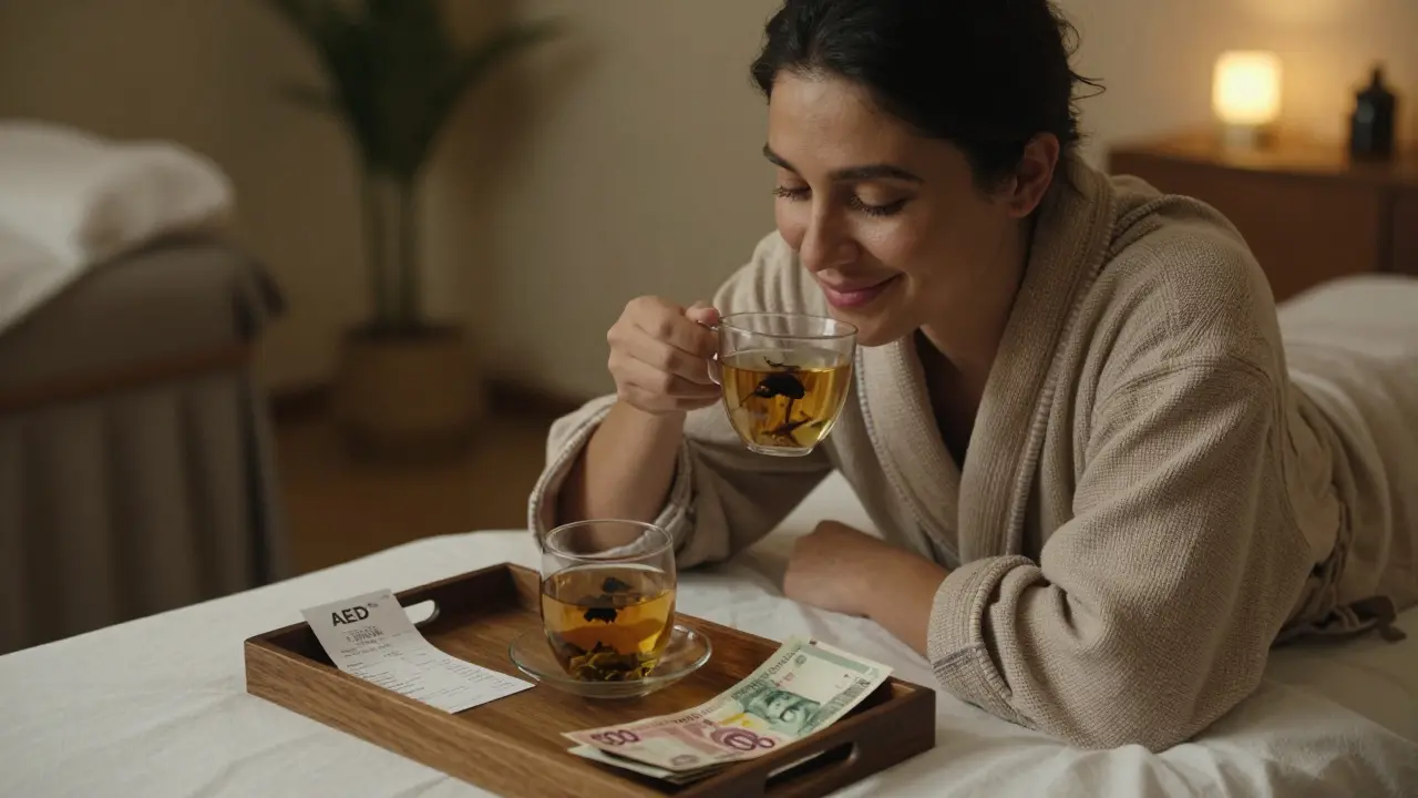 A guest sipping tea after a massage, with cash tips on a wooden tray beside a receipt.