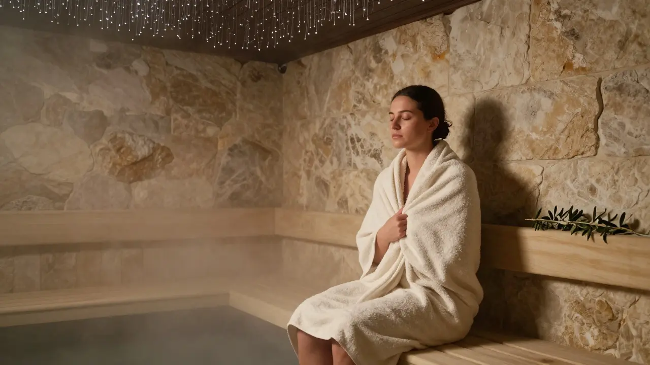 A guest wrapped in a towel in a quiet steam room with a starlit ceiling.