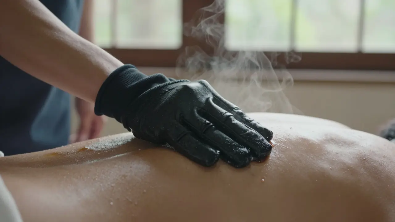 A hand using a kessa glove to exfoliate skin, with black soap glistening under warm light.