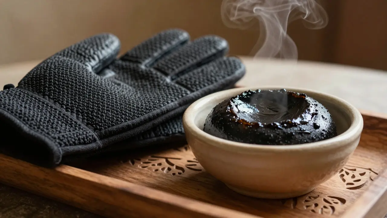 A kessa glove and Moroccan black soap on a wooden tray, with steam rising gently in the background.
