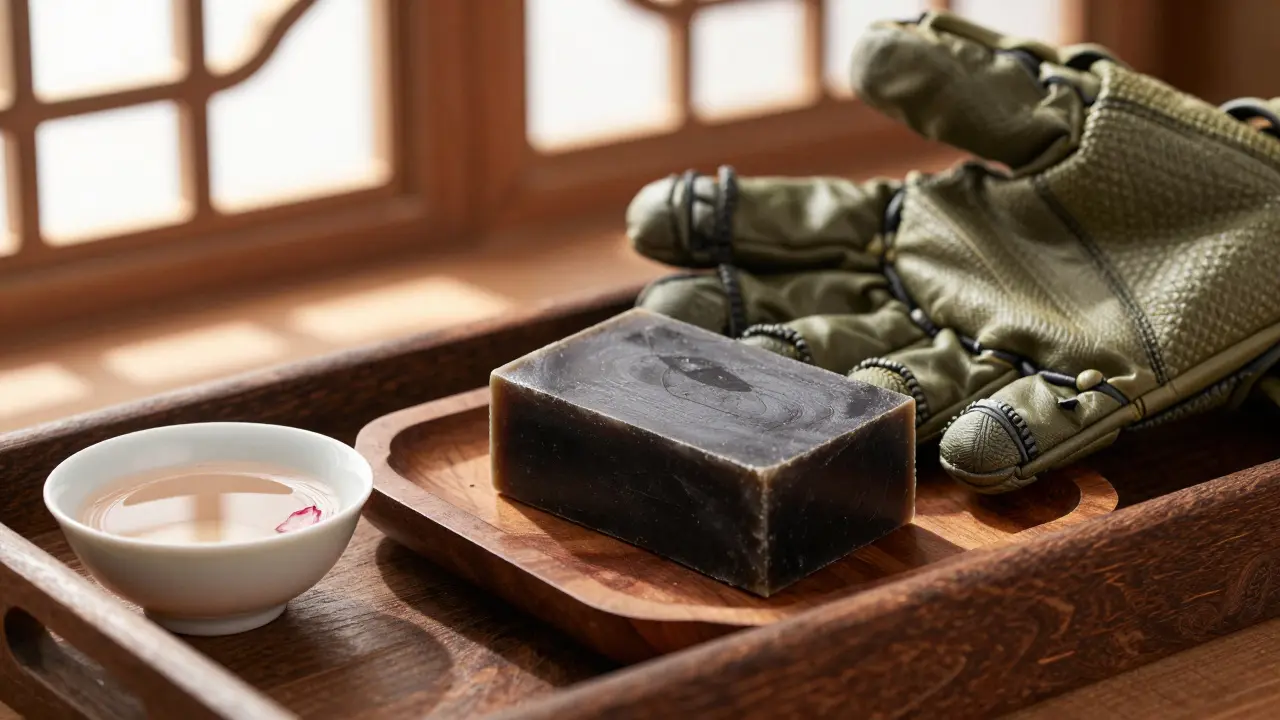 A kessa glove and natural black soap on a wooden tray beside rosewater in a hammam setting.