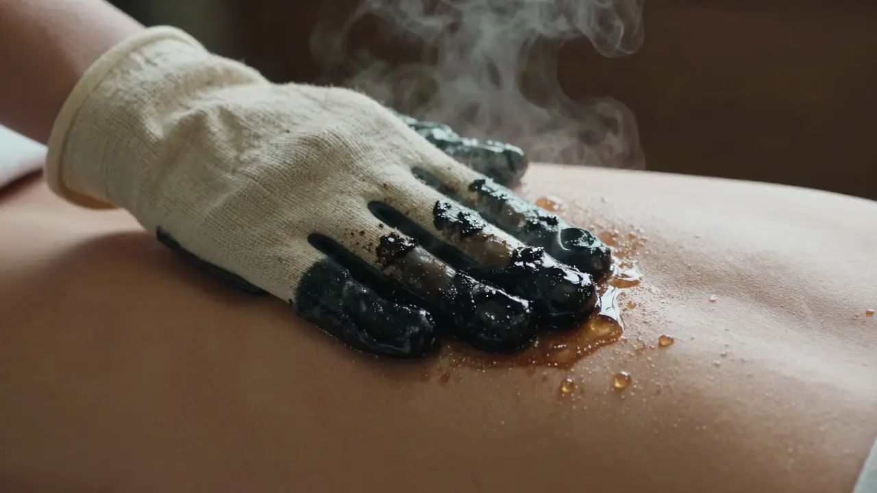 A kessa glove exfoliating a back with black soap, steam rising from the skin.