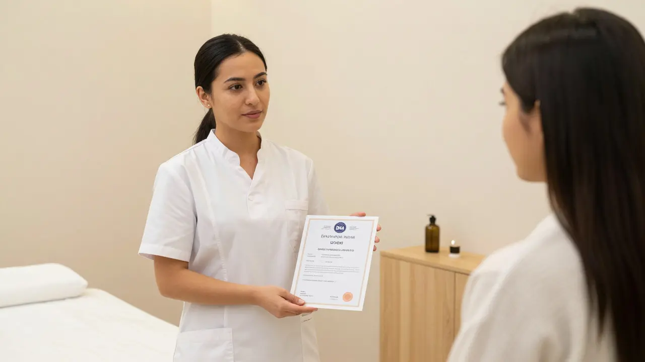 A licensed spa therapist showing their Dubai Health Authority certification to a client in a modern wellness center.